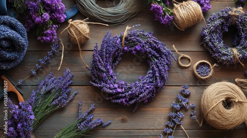 Flat lay of lavender wreath with dried lavender flowers, twine, and ribbon on rustic wooden background.