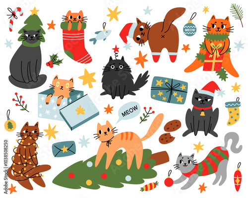 Merry Christmas. Set of cats celebrating winter holiday. Cute cats wearing costumes, climbing Christmas tree and being naughty in flat cartoon style. Elements are isolated.