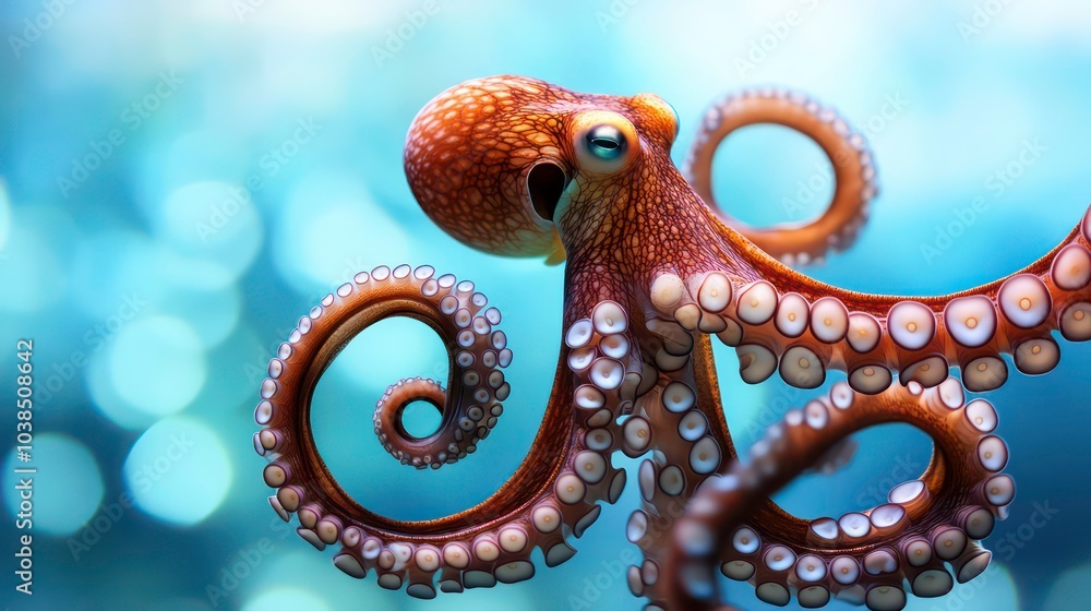 Fototapeta premium A close-up shot of an octopus with its tentacles curled. The octopus has a reddish-brown body with white spots and blue eyes. The background is a blurry blue color with white spots.