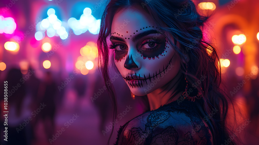 A Woman with Intricate Skull Face Paint at the Day of the Dead Parade, Celebrating Life and Death with Colorful Decorations and Traditional Attire. A Vibrant Representation of Cultural Heritage and Fe A Woman with Intricate Skull Face Paint at the Day of the Dead Parade, Celebrating Life and Death with Colorful Decorations and Traditional Attire. A Vibrant Representation of Cultural Heritage and Fe