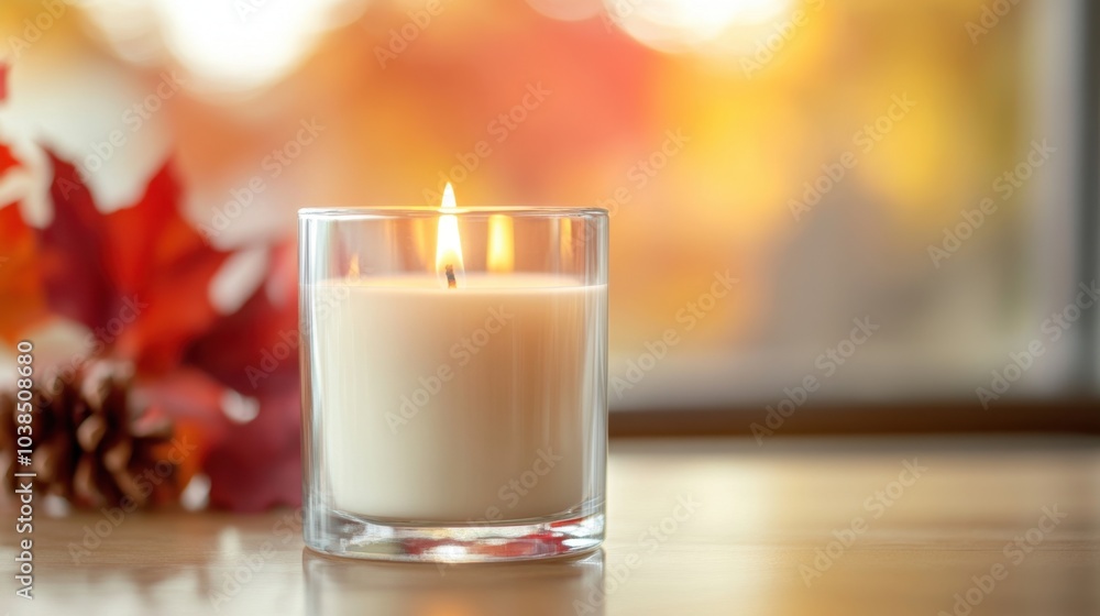 A glass candle burning softly, with blurred red and orange autumn leaves in the background, evoking cozy fall vibes. A glass candle burning softly, with blurred red and orange autumn leaves in the background, evoking cozy fall vibes.