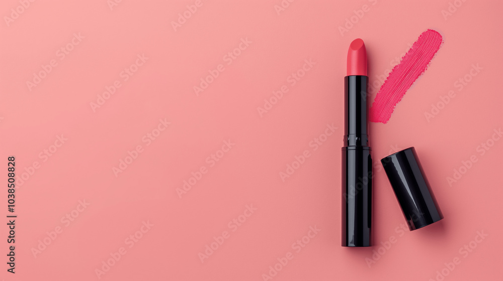 Open pink lipstick with swatch on matching pastel background. Minimal modern banner with empty copy space Open pink lipstick with swatch on matching pastel background. Minimal modern banner with empty copy space