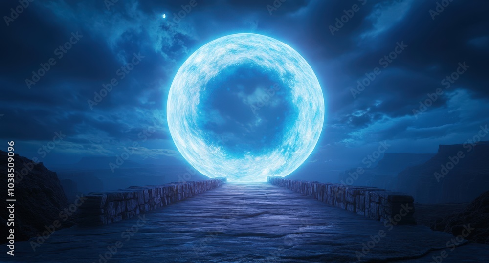 Glowing blue moon over wooden bridge Glowing blue moon over wooden bridge