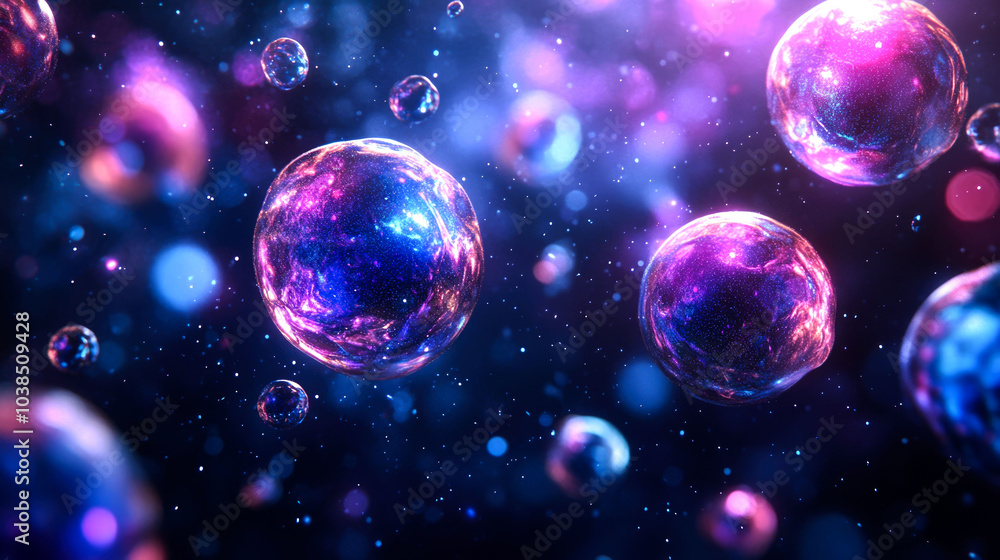 Abstract background of glowing orbs with blurred lights and a dark blue background. Abstract background of glowing orbs with blurred lights and a dark blue background.