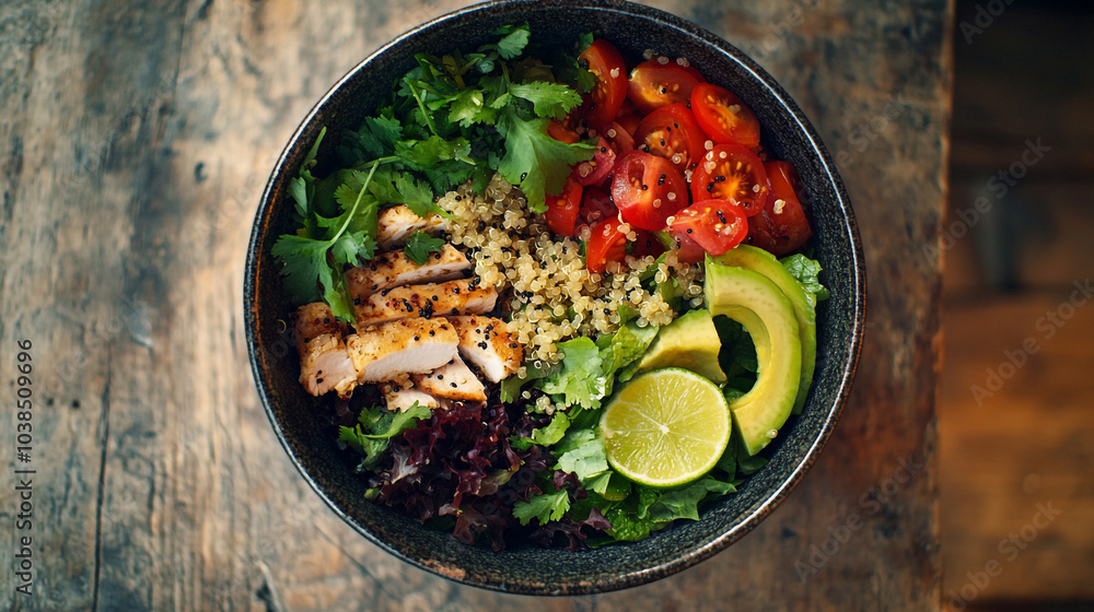Fresh salad bowl with grilled chicken, quinoa, and vegetables on a wooden table Fresh salad bowl with grilled chicken, quinoa, and vegetables on a wooden table