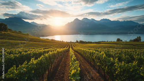 Sunset landscape with green vineyards on the shore of a blue lake surrounded by mountains