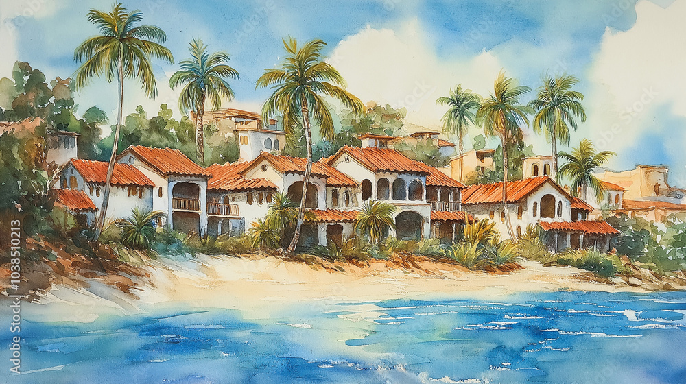 watercolor painting of a tropical beach scene. It features a row of charming houses with reddish roofs, surrounded by lush palm trees and soft greenery. A calm blue ocean is depicted in the foreground watercolor painting of a tropical beach scene. It features a row of charming houses with reddish roofs, surrounded by lush palm trees and soft greenery. A calm blue ocean is depicted in the foreground