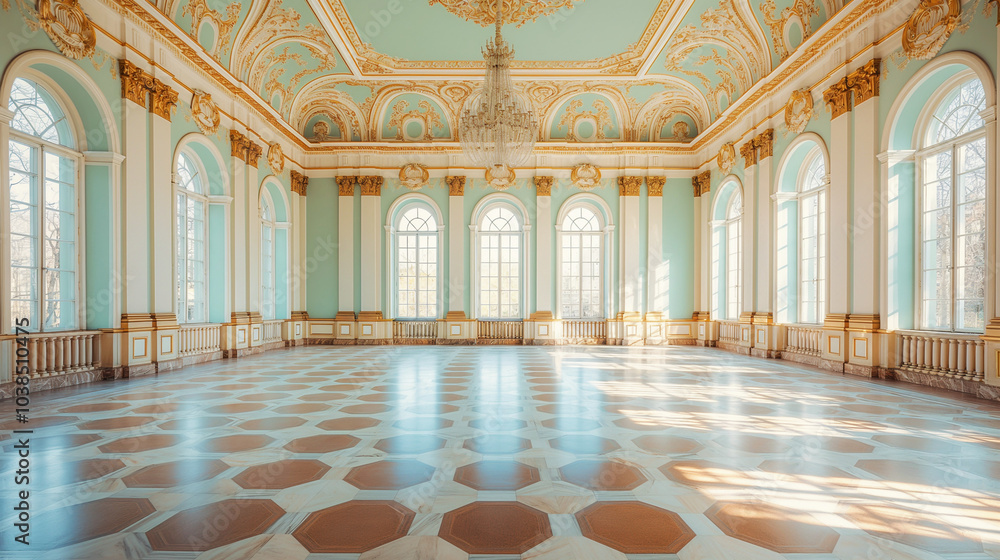 Obraz premium Luxurious golden palace ballroom with ornate decorations and sunlight streaming through large windows