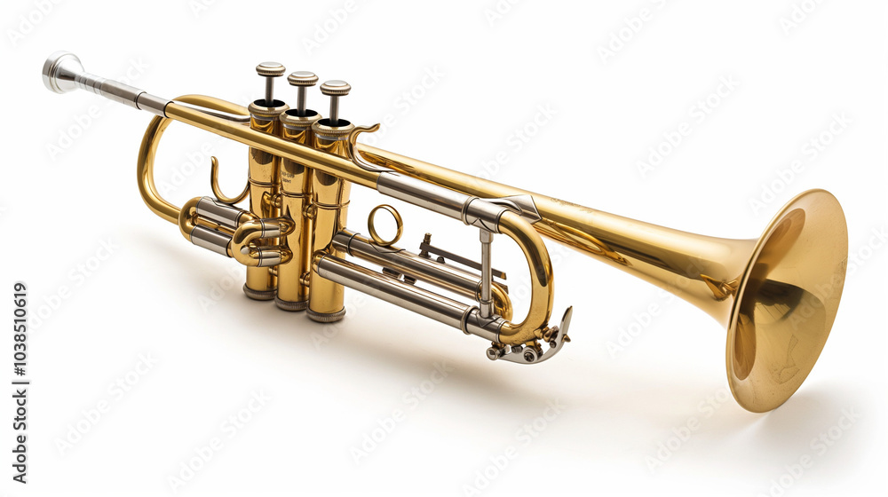 Obraz premium Studio shot of an isolated trumpet on a white background, showcasing its polished design and details.