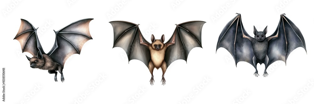 Three illustrated bats in different poses, showcasing their wings and features against a plain background. Three illustrated bats in different poses, showcasing their wings and features against a plain background.