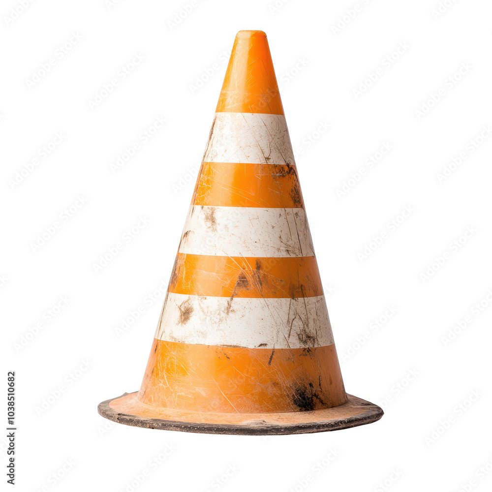Orange and white traffic cone, dirty surface, white isolated background Orange and white traffic cone, dirty surface, white isolated background