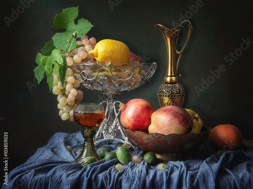 Still life with fruits and wine