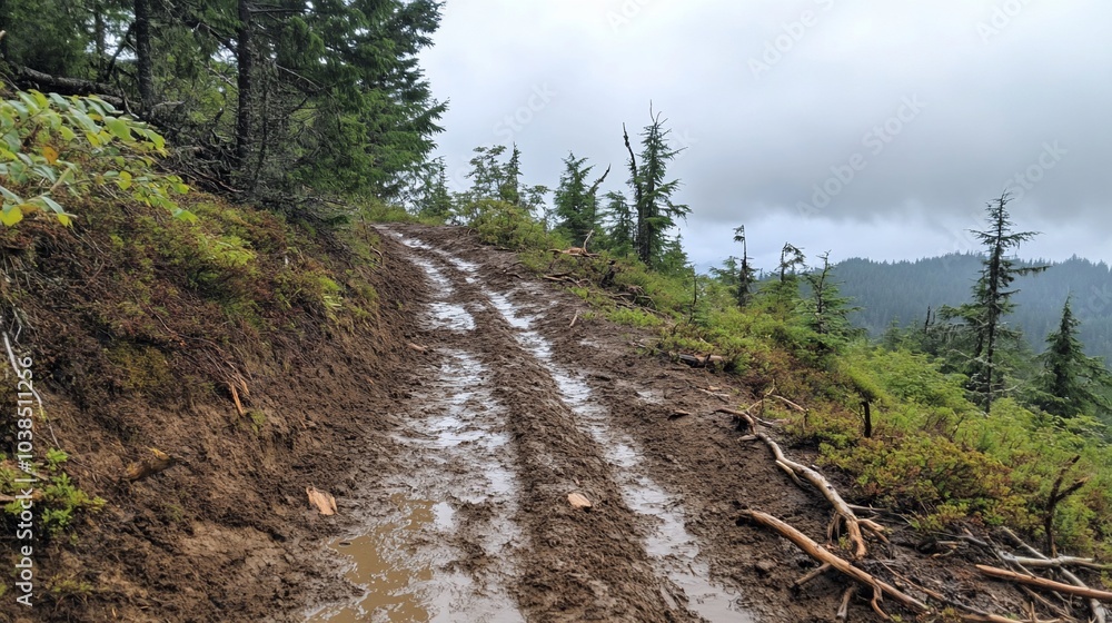 Muddy trail winding through a forested area on a cloudy day. Muddy trail winding through a forested area on a cloudy day.