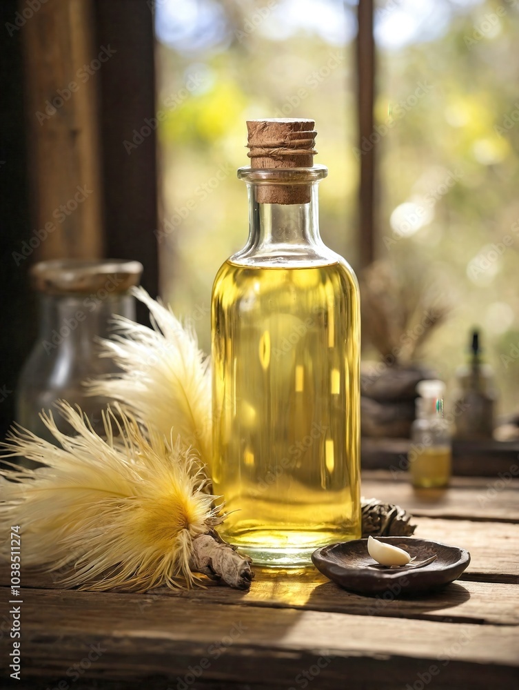 A clear glass bottle filled with pale yellow emu oil sits on a rustic wooden table. A clear glass bottle filled with pale yellow emu oil sits on a rustic wooden table.