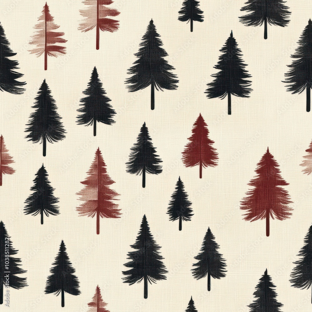 Obraz premium Vintage Christmas trees pattern on vintage beige fabric background, seamless repeating pattern, textile print style, minimal, holiday design, seamless tree pattern, home decor, textiles