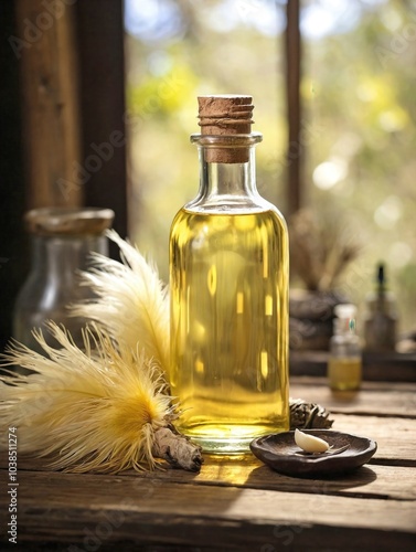 Wallpaper Mural A clear glass bottle filled with pale yellow emu oil sits on a rustic wooden table. Torontodigital.ca