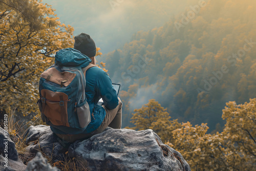 Mountaintop Inspiration: A lone hiker pauses on a scenic cliff overlooking a breathtaking valley, using a tablet to capture the moment.  The image evokes a sense of adventure, tranquility.