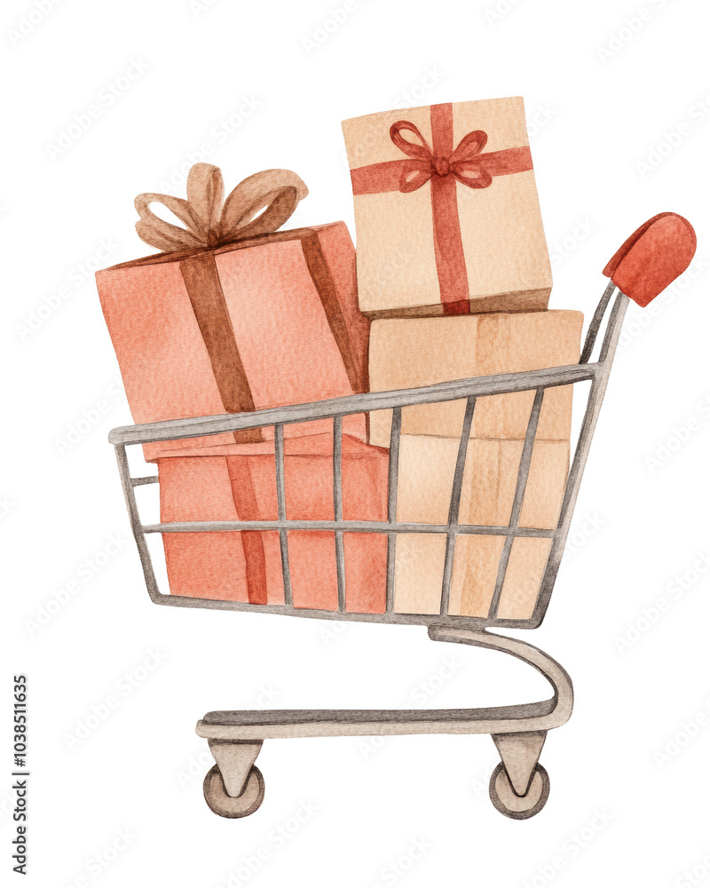 Shopping cart filled with wrapped gifts, festive design, white isolated background. Shopping cart filled with wrapped gifts, festive design, white isolated background.