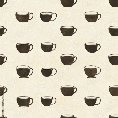 Vintage coffee in mug pattern on vintage beige fabric background, seamless repeating pattern, textile print style, minimal, seamless food dish pattern design, kitchen decor, dining accessories