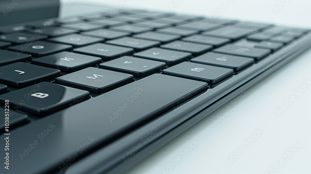 Close-up of a modern laptop keyboard with a sleek, black design, highlighting the layout and keys. Close-up of a modern laptop keyboard with a sleek, black design, highlighting the layout and keys.
