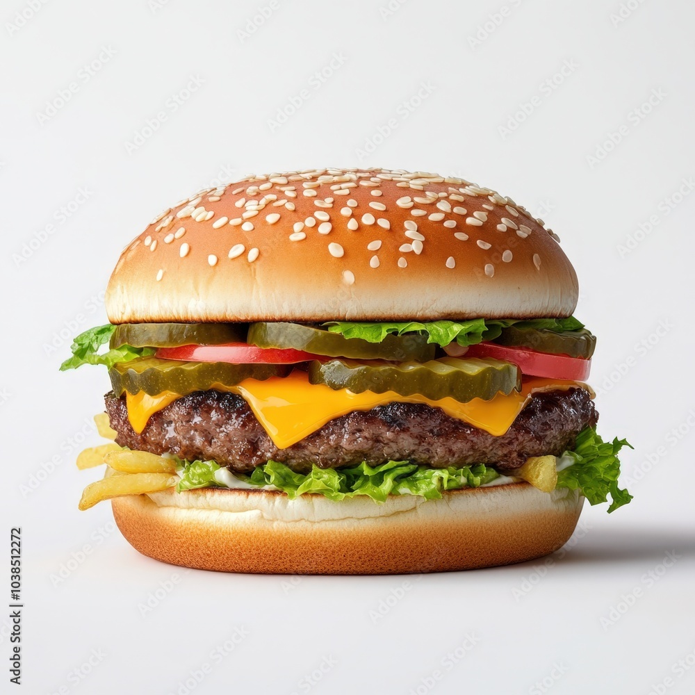 Delicious cheeseburger with lettuce, tomato, and pickles Delicious cheeseburger with lettuce, tomato, and pickles