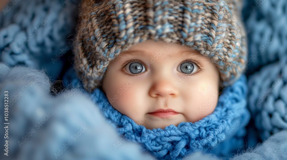 Close-up of baby with blue eyes wearing knitted winter hat and scarf Close-up of baby with blue eyes wearing knitted winter hat and scarf