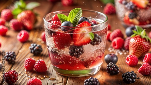 Berry cocktail with strawberries, blueberries, and raspberries, served over ice