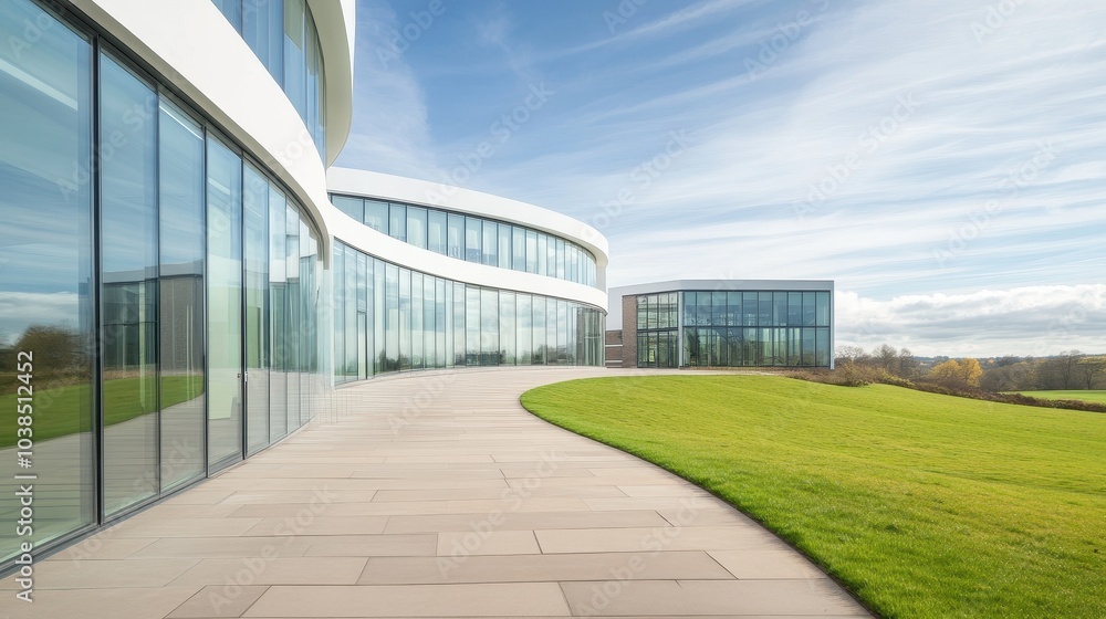 A large building with a glass facade and a grassy area in front of it A large building with a glass facade and a grassy area in front of it