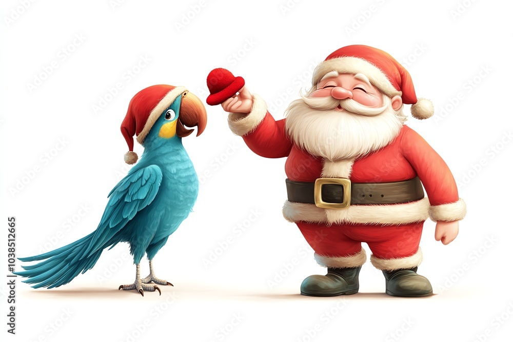 A cheerful Santa Claus interacts with a colorful parrot, both wearing festive hats for a joyful holiday spirit. A cheerful Santa Claus interacts with a colorful parrot, both wearing festive hats for a joyful holiday spirit.