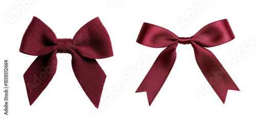 Two elegant maroon satin bows on a white isolated background. photo