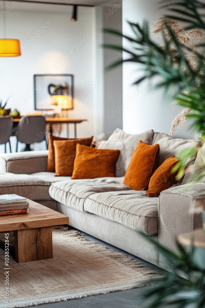 Fototapeta premium Cozy living room with white sofa and decorative knit pillows in brown autumn colors. Interior decor in autumn style.
