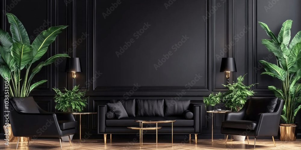Fototapeta premium Modern living room. A luxurious living room interior with black walls, black leather furniture, and gold accents.