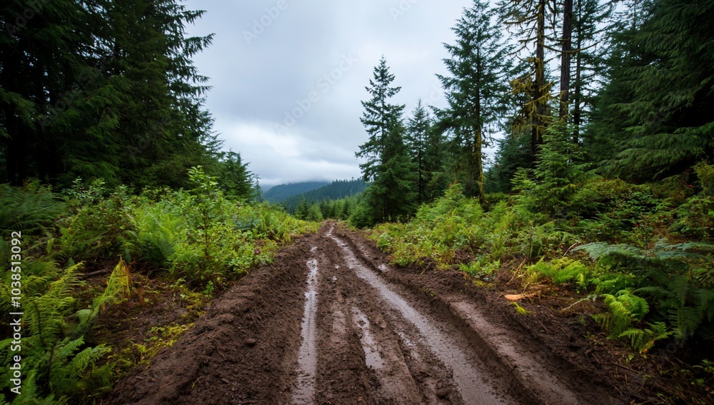 A muddy forest road surrounded by lush greenery and tall trees. A muddy forest road surrounded by lush greenery and tall trees.