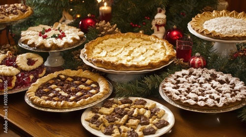 A table full of holiday pies and treats, offering plenty of space for text or messaging.