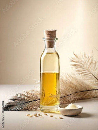 Wallpaper Mural A minimalist composition featuring a glass bottle of emu oil set against a neutral, light-colored background. Torontodigital.ca