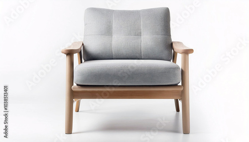 Modern comfort redefined: A stylish grey armchair with light wood frame, inviting relaxation and minimalist design. Perfect for contemporary interiors.