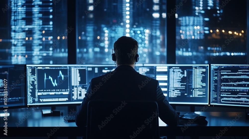 A cybersecurity expert monitoring disaster recovery post-attack. A cybersecurity expert monitoring disaster recovery post-attack.