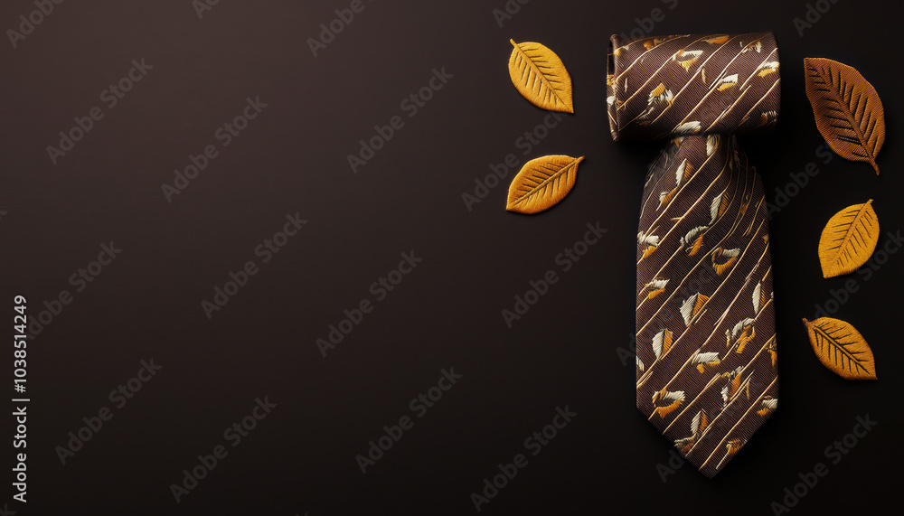 A stylish brown tie with a leaf pattern, elegantly placed on a dark background, surrounded by autumn leaves. A stylish brown tie with a leaf pattern, elegantly placed on a dark background, surrounded by autumn leaves.