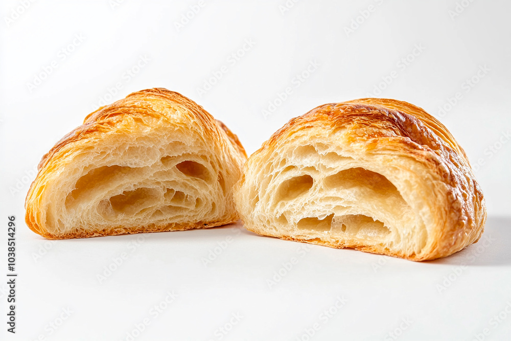 A fresh, flaky croissant cut in half on a white background with copy space for text or design. Close-up of a golden, French, buttery crescent baguette bread isolated on a transparent background. A fresh, flaky croissant cut in half on a white background with copy space for text or design. Close-up of a golden, French, buttery crescent baguette bread isolated on a transparent background.