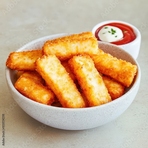 Crispy breaded cheese sticks with dipping sauce photo