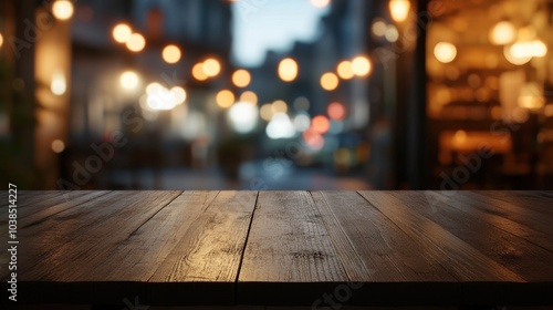 An empty wooden table with blurred bokeh lights of a busy coffee shop, capturing the warm, lively atmosphere.