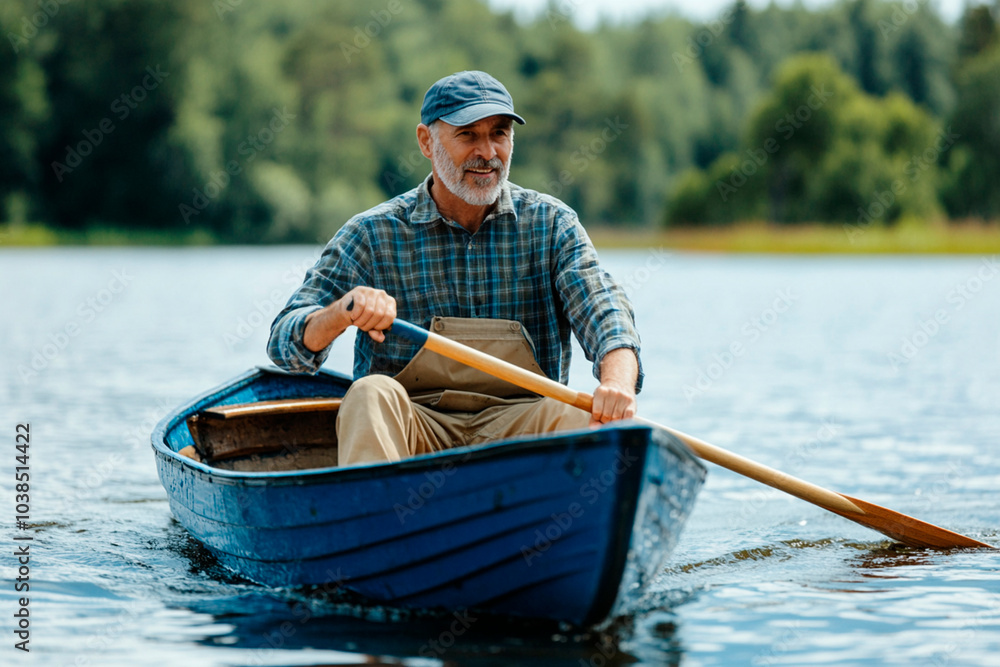 fisherman on a rowing boat, man rowing oars, men's leisure, vacations fisherman on a rowing boat, man rowing oars, men's leisure, vacations