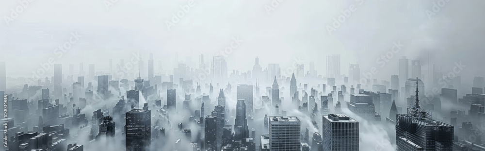 A panoramic view of an abandoned city skyline with destroyed buildings and a white background. A panoramic view of an abandoned city skyline with destroyed buildings and a white background.