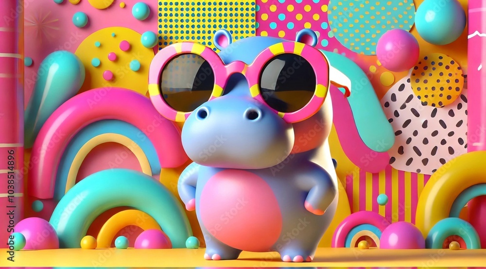 Obraz premium Colorful cartoon hippo with pink sunglasses in candy world 