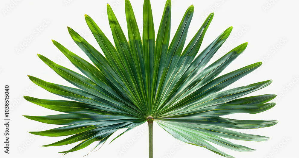 An isolated palm leaf on a white background features a close-up view of a tropical plant leaf.