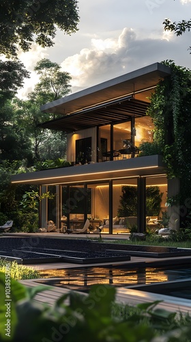 Solar panels and battery storage system integrated into a smart home design, surrounded by lush greenery and modern architecture