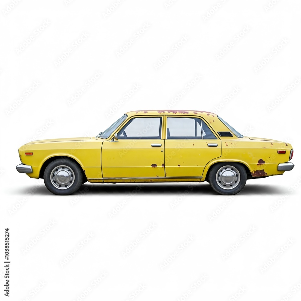 yellow 1970s sedan car isolated on white, weathered paint yellow 1970s sedan car isolated on white, weathered paint
