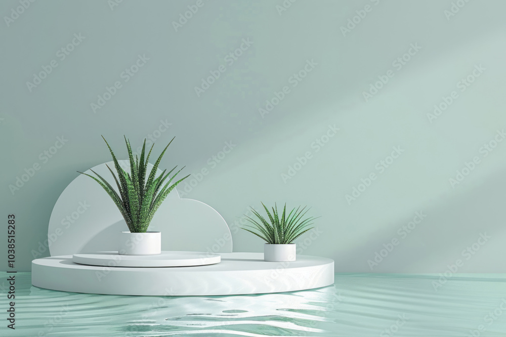 A podium with water ripples and an aloe vera plant is set against a light background for a minimalistic product presentation. A podium with water ripples and an aloe vera plant is set against a light background for a minimalistic product presentation.