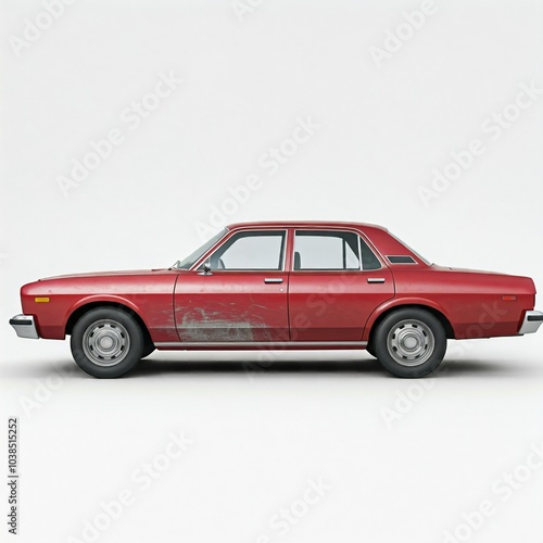 red 1970s sedan car isolated on white, weathered paint