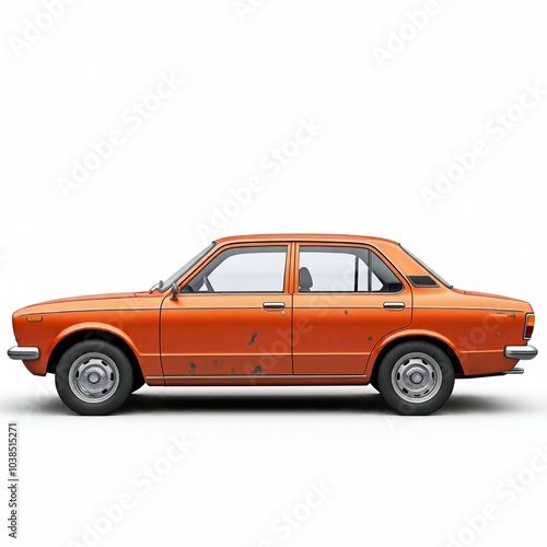 orange 1970s sedan car isolated on white, weathered paint